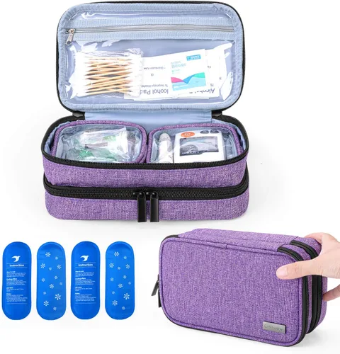 Vista 11 de Yarwo Maletín de viaje con 4 paquetes de hielo, organizador de suministros para diabéticos de doble capa para bolígrafos de insulina, monitores