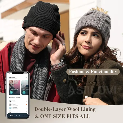 Vista 4 de ASIILOVI gorro con Bluetooth 5.0, inalámbrico, de punto, gorro de invierno con micrófono incorporado desmontable, con altavoces estéreo HD