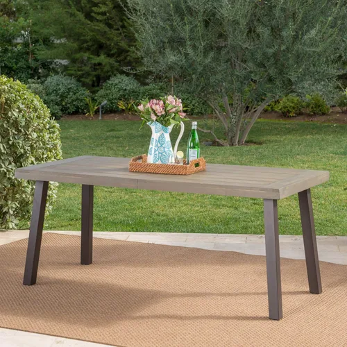 Vista 2 de Christopher Knight Home Della - Mesa de comedor de madera de acacia para exteriores con patas de metal, acabado gris / metal rústico