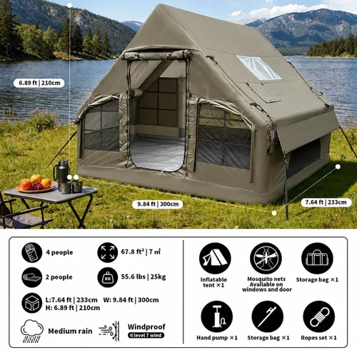 Vista 2 de Luxury Inflatable Camping Tent,Wind & Rain Resistant,Breathable & Durable Wear-Resistant Fabric,Built-in Stove Jack,Fast Setup with Pump,All-Season