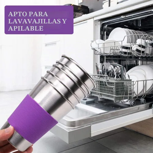 Vista 5 de Vaso de agua con tapas, paquete de 6 vasos de acero inoxidable a prueba de derrames, reutilizable, apilable, de 16 onzas, con tapas, para niños
