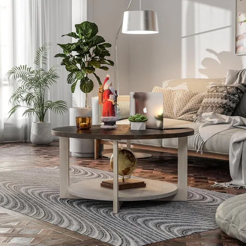 Vista 2 de Mesas de centro redondas de madera con almacenamiento, mesa de centro rústica con parte superior de madera envejecida, mesa circular grande