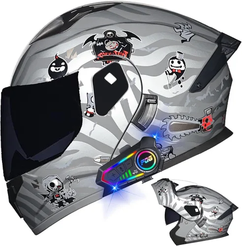 Vista 34 de Casco modular Bluetooth para motocicleta, aprobado por DOT, de cara completa, abatible, antivaho, doble visera, casco de motocicleta de calle, LENTE