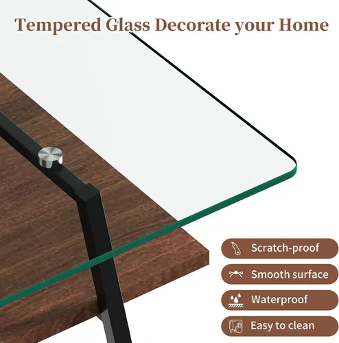 Vista 7 de Mesa auxiliar de cristal para sala de estar, mesa de centro de 2 niveles de mediados de siglo, mesa central con parte superior de vidrio templado