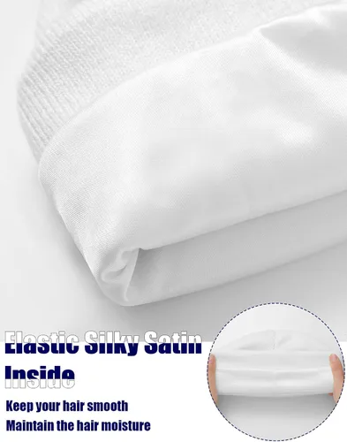 Vista 2 de Gorro de invierno con forro de satén de seda, gorro de calavera liso con puños, gorro de reloj de punto, gorro cálido de invierno para mujeres