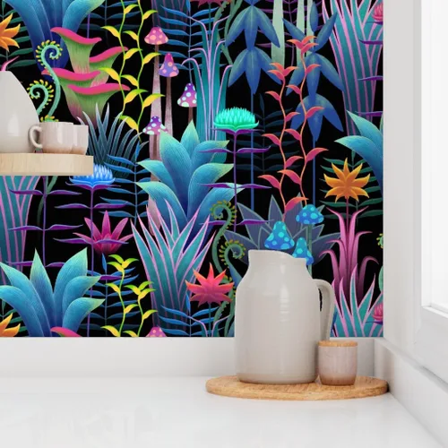 Vista 8 de Muestro de papel tapiz extraíble - Bioluminiscente Selva Floral Árboles Fantástico Helecho Papel pintado personalizado pre-pegado por Spoonflower