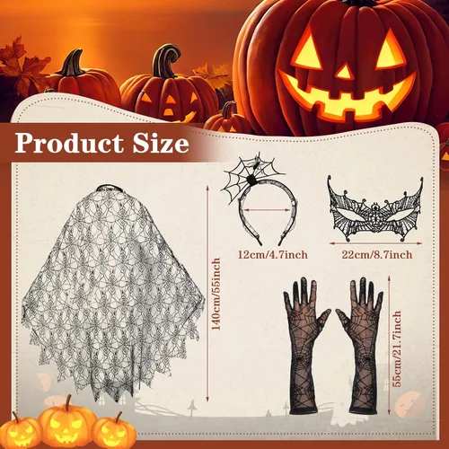Vista 2 de Toulite Juego de 8 piezas de disfraz de telaraña de Halloween para mujer, incluye tela de araña negra, capa de encaje negro, guantes y medias