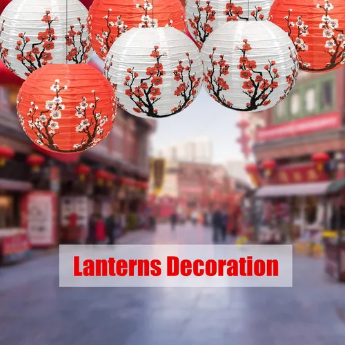 Vista 8 de Hoypeyfiy Paquete de 10 linternas de papel de flor de cerezo, 12 pulgadas, linternas japonesas Sakura rojas y blancas, linternas de papel redondas