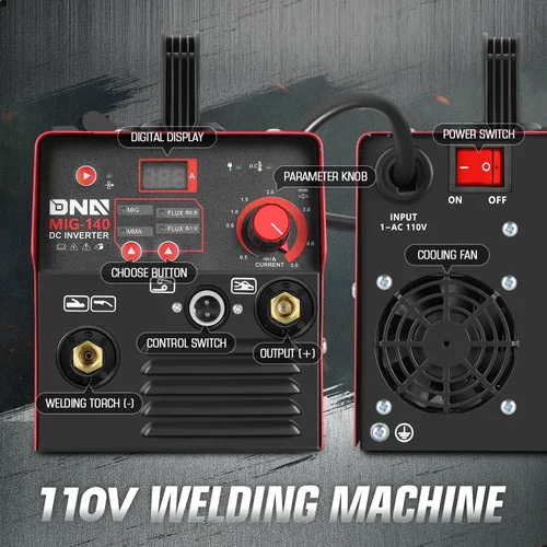 Vista 2 de DNA Motoring Soldador MIG portátil 140A, Soldador de núcleo de flujo de 110 V, 2 en 1 Stick MMA/Flux MIG Máquina de soldadura IGBT Inversor, Máquina