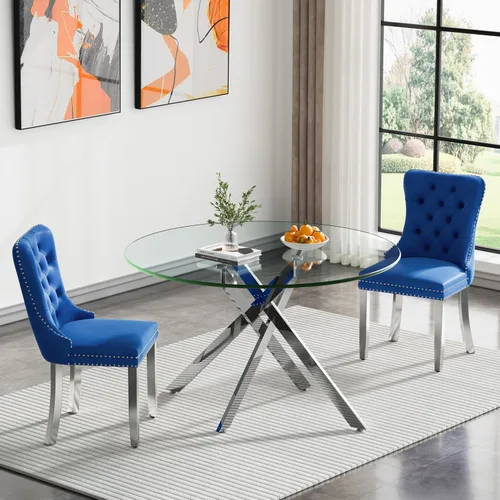 Vista 127 de Juego de mesa de comedor de cristal plateado moderno de 47 pulgadas para 2, juego de mesa de comedor de cocina redonda de 3 piezas con patas