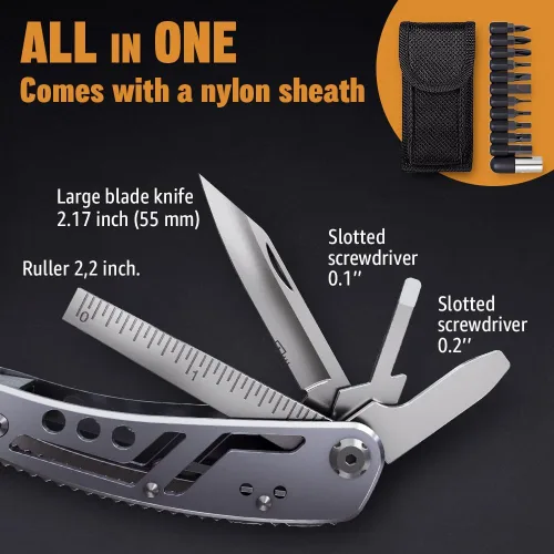 Vista 7 de Multiherramienta 24 en 1 con cuchillo, alicates y 11 puntas de acero inoxidable afilado, multiherramienta para hombres, equipo ideal