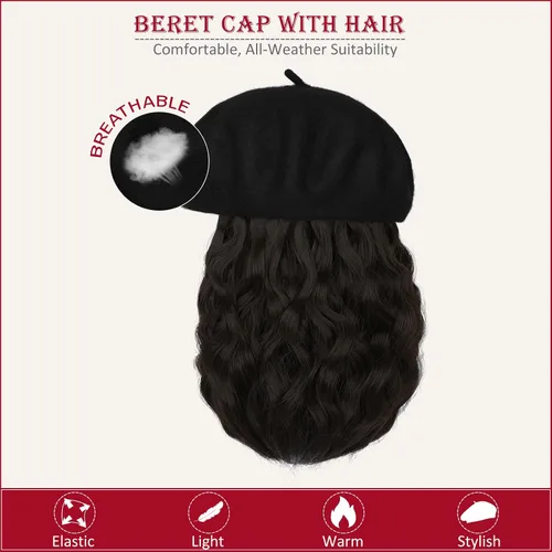 Vista 4 de Boinas con extensiones de cabello, gorra clásica elástica de lana francesa sólida adjunta, corto y rizado, peluca sintética para mujer, color marrón