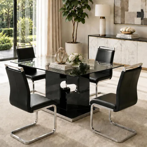 Vista 23 de Ebullient Juego de mesa de comedor de cristal de 63 pulgadas para 6, mesa de comedor de vidrio negro y base de MDF, mesa de cocina rectangular Mesa