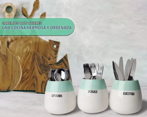 Vista 8 de Comfify Honeypot - Soporte para cubiertos de cerámica – Juego de 3 – Bandeja de cubiertos de granja verde salvia y blanco para encimera de cocina