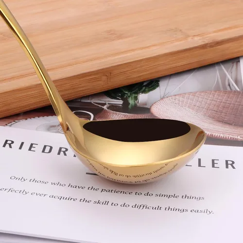 Vista 4 de Cucharón dorado de 9.5 pulgadas SUS304 de acero inoxidable para sopa de 2 onzas, cucharón de cocina para salsa de salsa para servir (juego de 2)