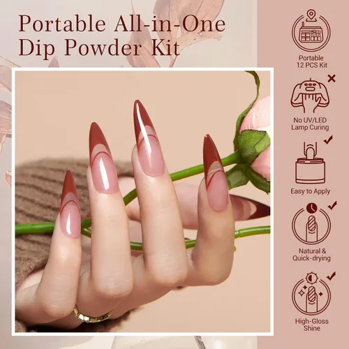 Vista 4 de AZUREBEAUTY Kit de iniciación de uñas en polvo de inmersión, 4 colores de otoño, piel nude, marrón, purpurina, juego de líquido de polvo