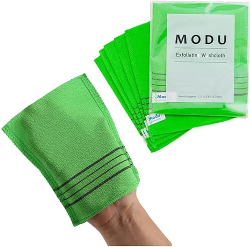 Vista 8 de Modu Guantes exfoliantes coreanos grandes, 4 unidades (verde, amarillo, azul cielo, rosa) – Guantes exfoliantes exfoliador corporal toalla italiana
