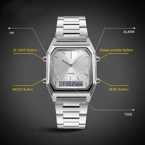Vista 4 de Gosasa Reloj de pulsera cuadrado multifunción con doble pantalla de acero inoxidable y correa analógica