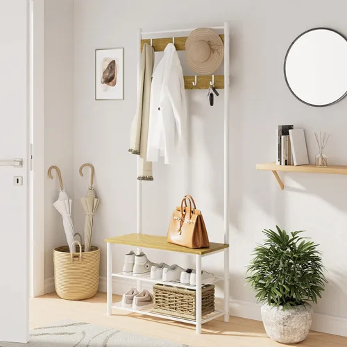 Vista 6 de Árbol de pasillo con banco y almacenamiento para zapatos, perchero para zapatos de 3 en 1, perchero de pie de madera independiente con marco