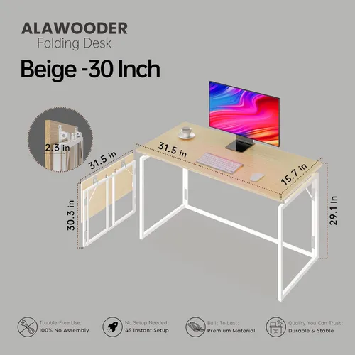 Vista 3 de alawooder Escritorio plegable de 31,5 pulgadas: sin montaje, tapa de madera