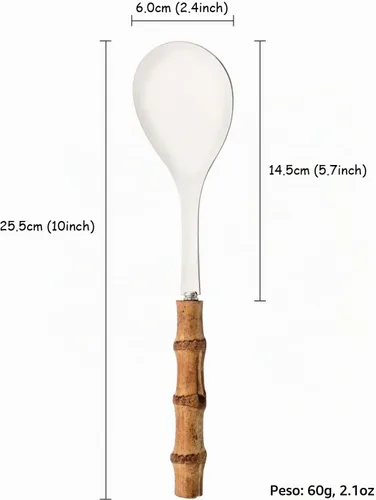 Vista 2 de Juego de 2 cucharas de servir de acero inoxidable de 10.0 pulgadas con mango de bambú natural, grandes utensilios plateados para servir, cucharón