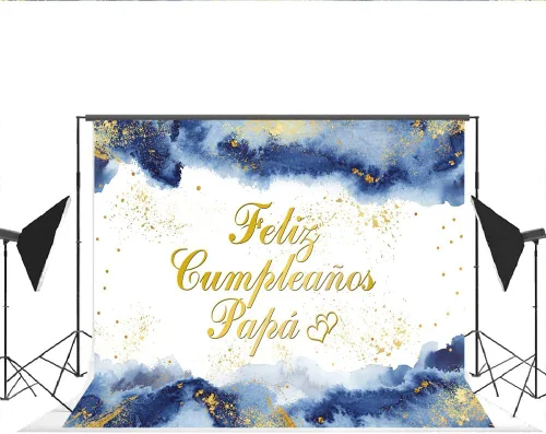 Vista 4 de Lofaris Feliz Cumpleaños - Telón de fondo de cumpleaños de papá, cumpleaños de papá, nubes azul marino, fondo dorado con purpurina dorada, pancarta