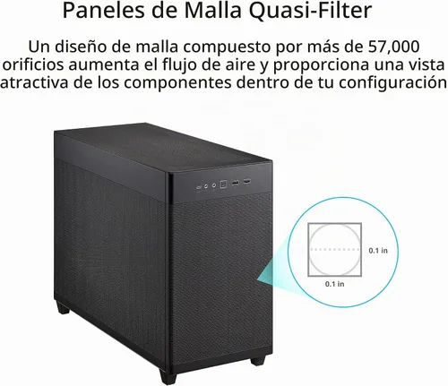 Vista 4 de Cajas de PC ASUS Prime AP201 de 33 litros Micro ATX color negro con paneles laterales sin herramientas y malla de filtro cuasi, con soporte
