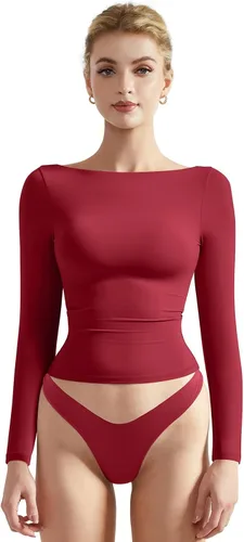 Vista 17 de SUUKSESS Camiseta de mujer con cuello redondo, manga larga, doblemente forrada, ajustada y corta
