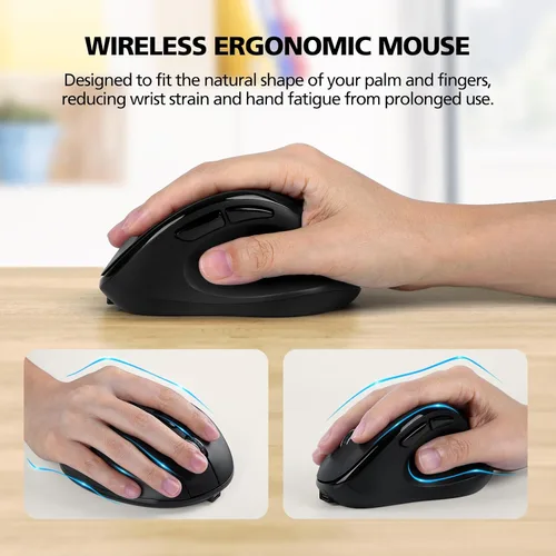 Vista 2 de Ratón inalámbrico Bluetooth ergonómico vertical para computadora portátil, MacBook, iPad, tableta, recargable, silencioso, clic, USB, túnel Negro