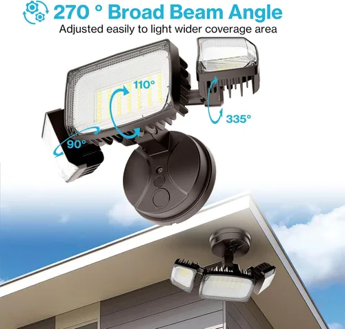 Vista 6 de Olafus Luces de inundación de 55 W para exteriores, luces LED de seguridad de 5500 LM, luz de inundación exterior de 6500 K con 3 cabezales Marrón