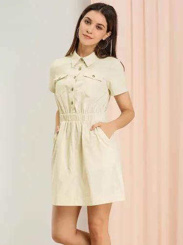 Vista 2 de Allegra K Vestido camisero de manga corta con botones y cuello de algodón para mujer