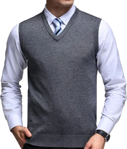 Vista 8 de FULIER Chaleco de lana de cachemira con cuello en V para hombre, sin mangas, clásico suéter de punto, suéter cárdigans sin mangas Negro