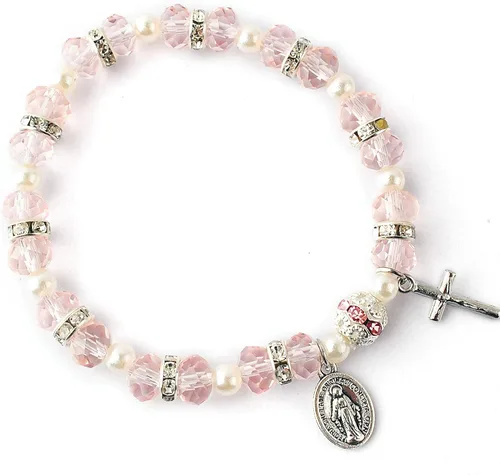 Vista 4 de HanlinCC Pulsera elástica con cuentas para mujer con crucifijo y medalla milagrosa