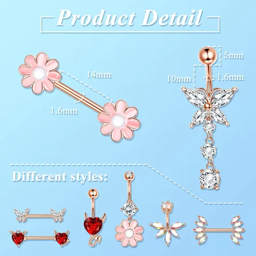 Vista 2 de Sanfenly 12 anillos de pezón anillos de ombligo para mujer 14G 316L acero inoxidable quirúrgico curvado barra de ombligo bonita mariposa flor