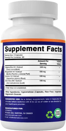 Vista 8 de Vitamatic Barra de olmo resbaladizo de 500 mg con menta 100 mg, DGL 100 mg y aloe vera 100 mg – Vegano, sin OMG – 180 cápsulas – Paquete de 2