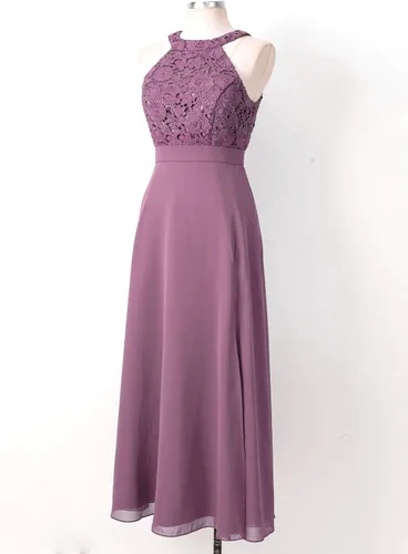Vista 3 de Renvena - Vestido de gasa para dama de honor con encaje floral y largo de baile