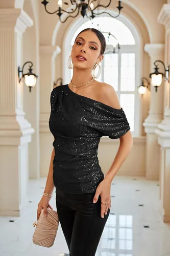 Vista 2 de GRACE KARIN Blusas brillantes de lentejuelas de un hombro para mujer, con purpurina asimétrica fruncida, adelgazante, camisas de fiesta brillantes