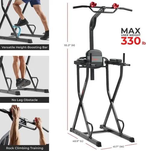 Vista 7 de Sunny Health & Fitness Power Tower Dip Station & Pull-Up Bar, Multi-Function Strength Training Equipment with Captain’s Chair, Push-Up Bars & Core