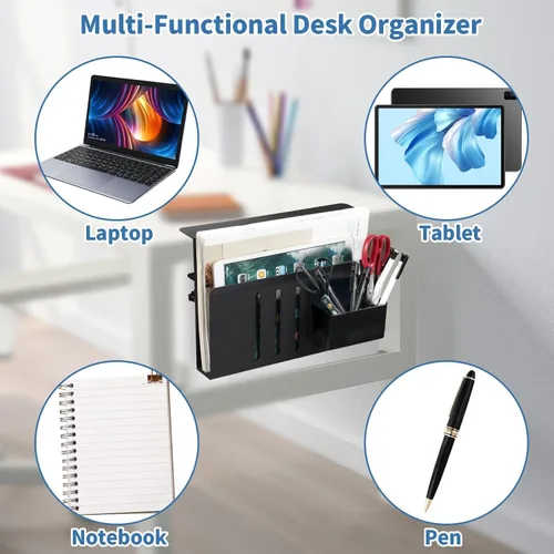 Vista 5 de Organizador lateral de escritorio, soporte para laptop con soporte magnético para bolígrafo, organizador de escritorio colgante sin taladros