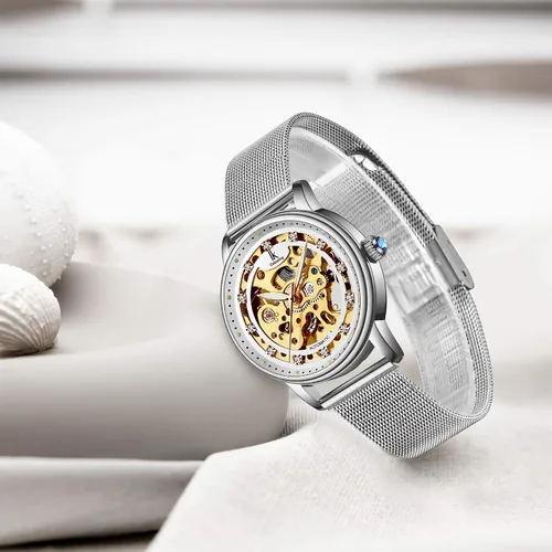 Vista 6 de Gute Reloj de pulsera mecánico de lujo para mujer, esqueleto de acero inoxidable, steampunk automático, cuerda automática