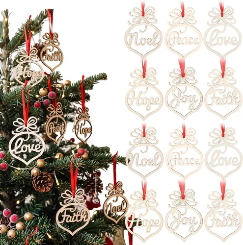 Vista 8 de Bememo 30 adornos de Navidad colgantes de madera para árbol de Navidad