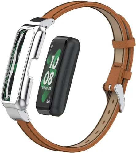 Vista 9 de Bandas compatibles con Huawei Band 10/9/8/7, accesorios de correa de repuesto de cuero con marco de metal para Huawei Band 7/8/9/10 Negro