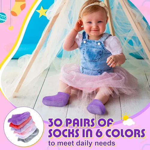 Vista 3 de 30 pares de calcetines antideslizantes para niños pequeños calcetines de tobillo antideslizantes con agarres para niños de 1 a 3 años bebés y niñas
