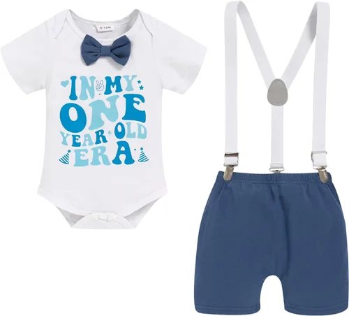 Vista 9 de GRNSHTS Ropa Divertida de Primer Cumpleaños para Bebé Niño Mameluco con Pajarita Body Conjuntos para Sesión de Fotos con Pastel marrón (Cow Brown)