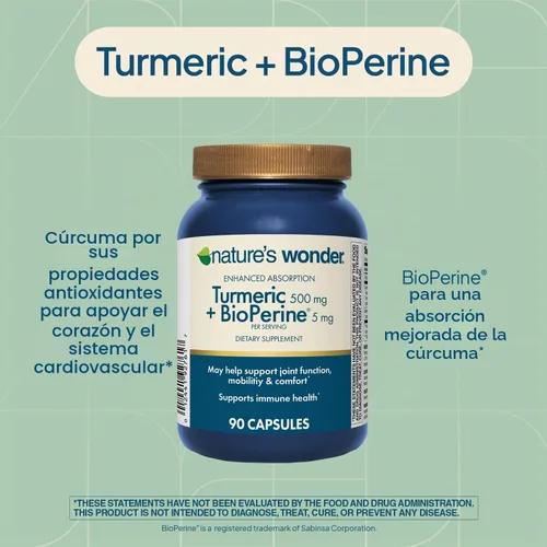 Vista 3 de Nature's Wonder Cúrcuma 500mg con BioPerine 5mg, 90 cápsulas vegetarianas