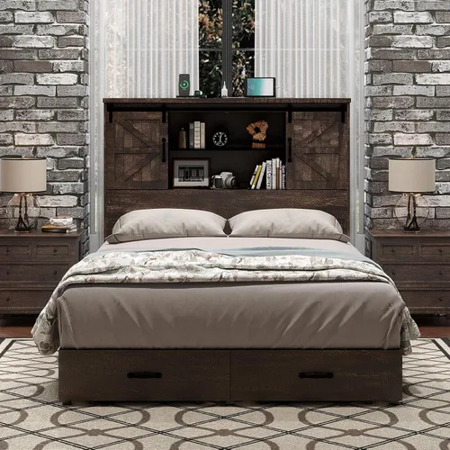 Vista 6 de HOWE Marco de cama de tamaño Queen con cabecera de estantería de 51.2 pulgadas, plataforma de madera con 2 cajones, puerta corrediza de granero