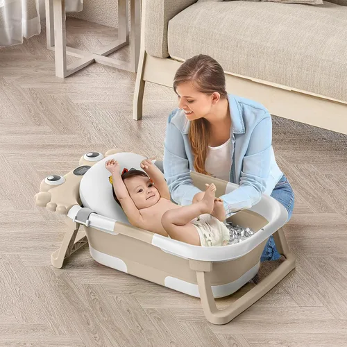 Vista 6 de Bañera plegable para bebés desde recién nacidos hasta niños pequeños con monitor de temperatura en tiempo real + cojín flotante, juego de bañera