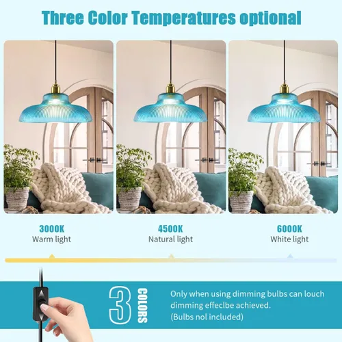 Vista 6 de Lámpara colgante enchufable de cristal azul, lámpara colgante dorada de altura ajustable con interruptor de encendido/apagado de cable de 14.7 pies