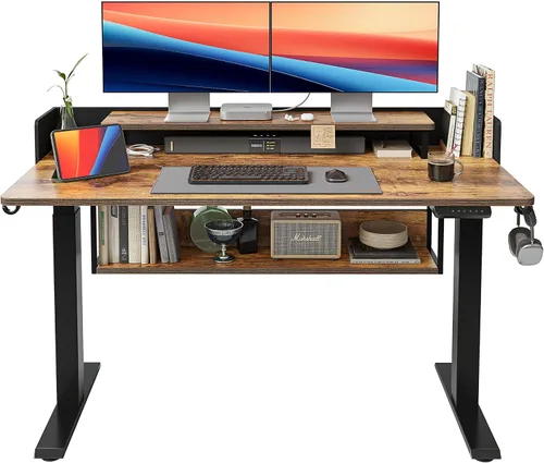 Vista 14 de FEZIBO Escritorio de pie de 48 x 24 pulgadas con altura ajustable, escritorio eléctrico de pie con doble cajón, escritorio de oficina en casa con 4