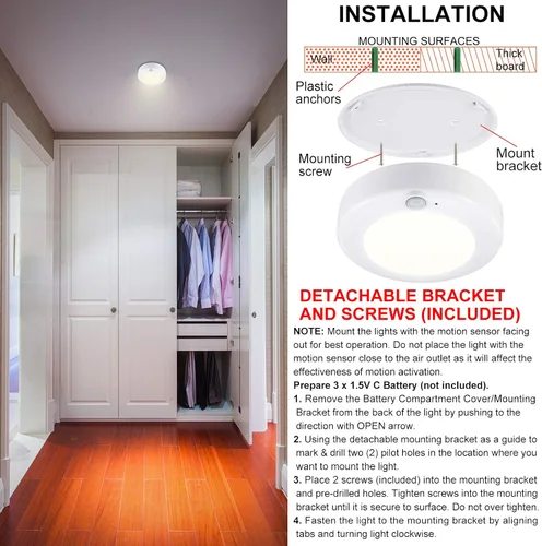 Vista 5 de Luz con sensor de movimiento, luz de techo alimentada por batería, luz superior para interiores, sensor de movimiento inalámbrico, iluminación LED